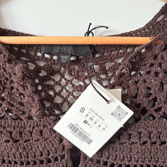 Zara Crochet Knit Long Sleeve Mini Dress NWT Brown Size Small - Picture 11 of 12